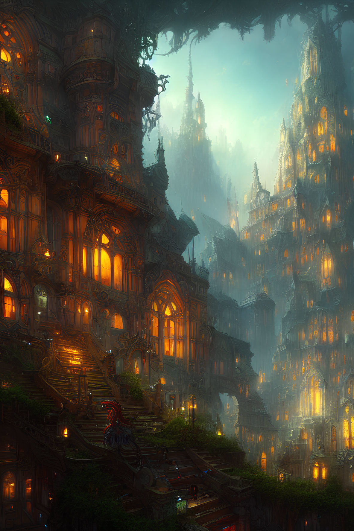 Enchanting digital artwork of intricate tree city with glowing windows, red dragon at twilight.