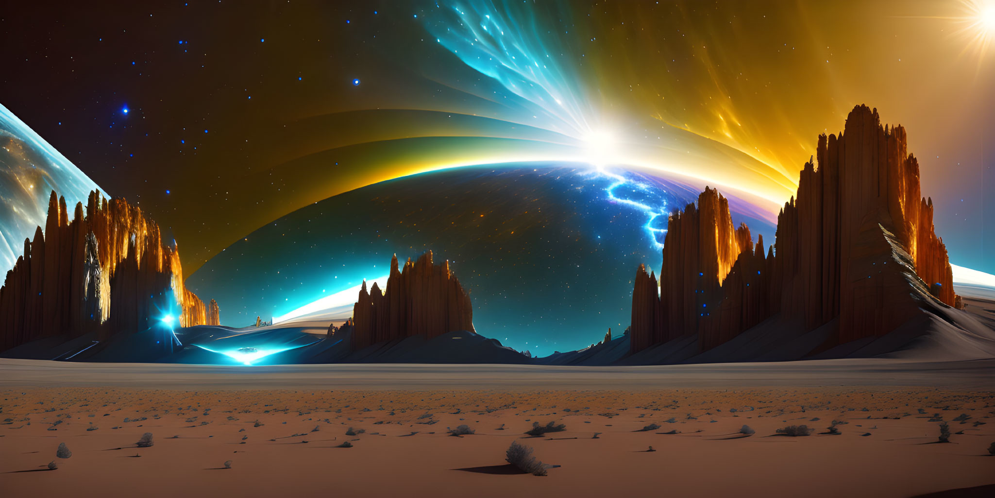 Majestic sci-fi landscape with towering rock formations, vast desert, vibrant auroras, and celestial