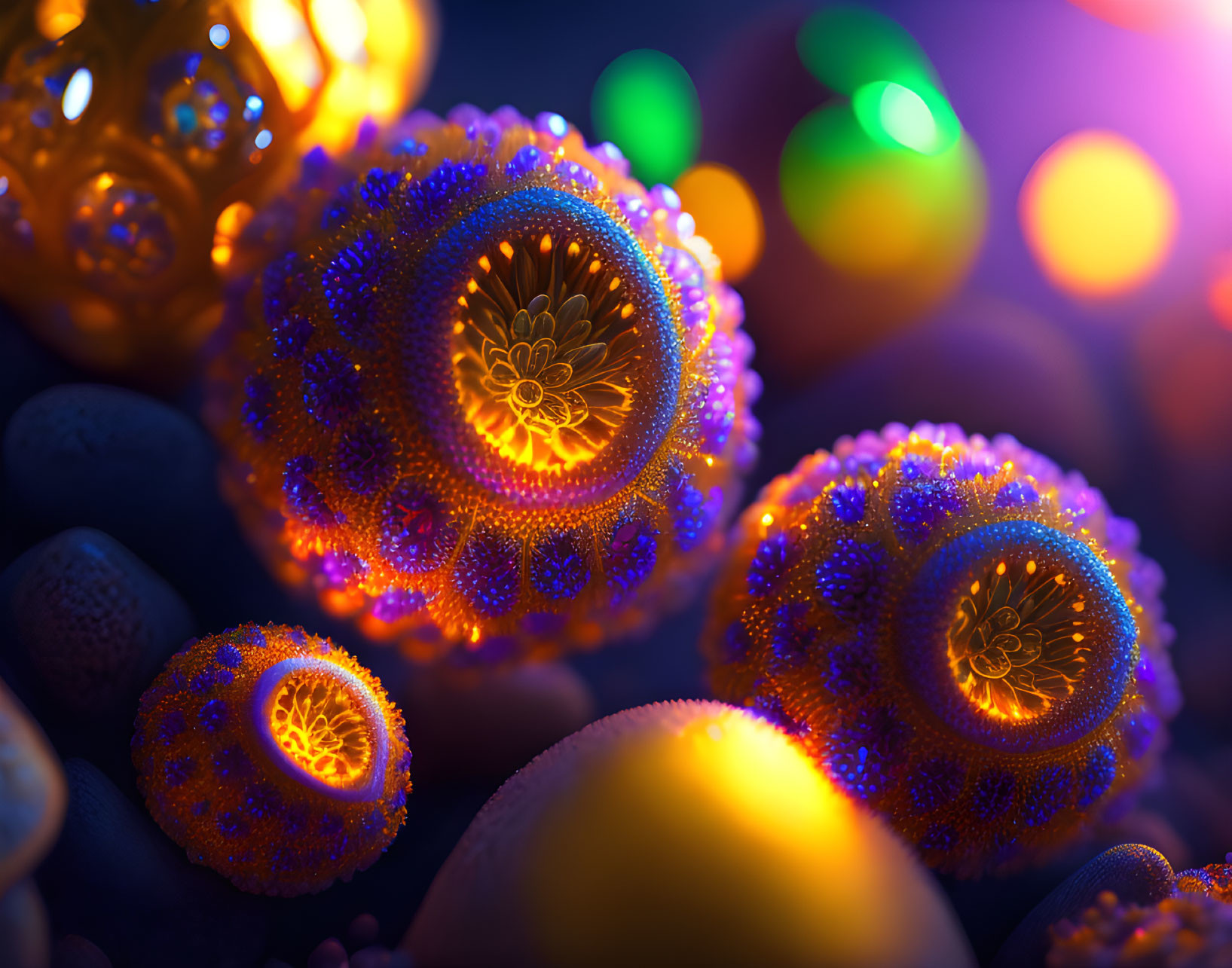 Detailed 3D Illustration of Glowing Spheres with Bokeh Background