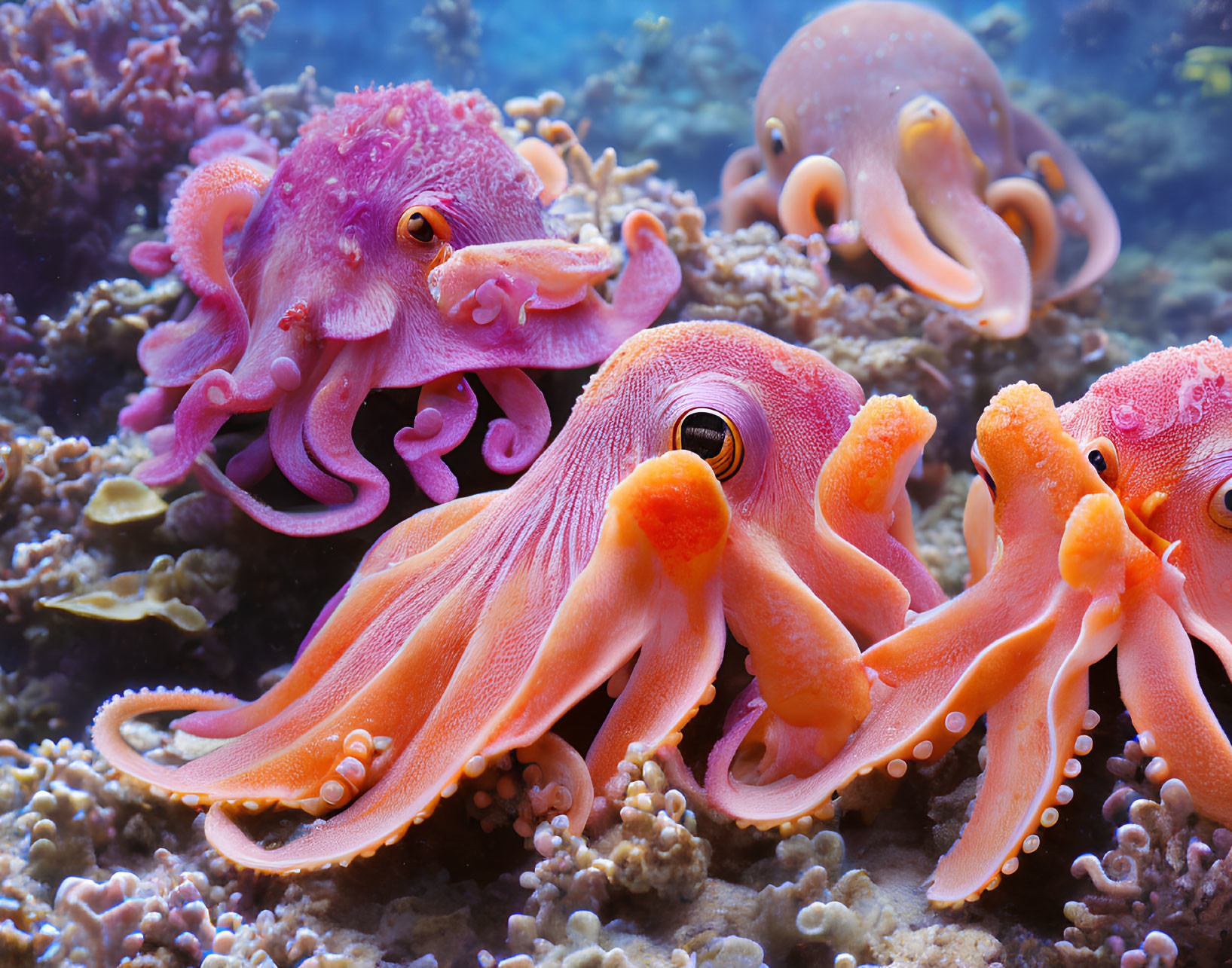 Colorful Coral Reef with Vibrant Pink Octopuses