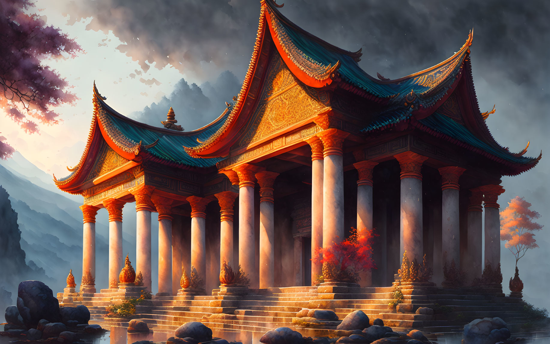Illustration of Ancient Asian Temple with Red and Blue Roofs