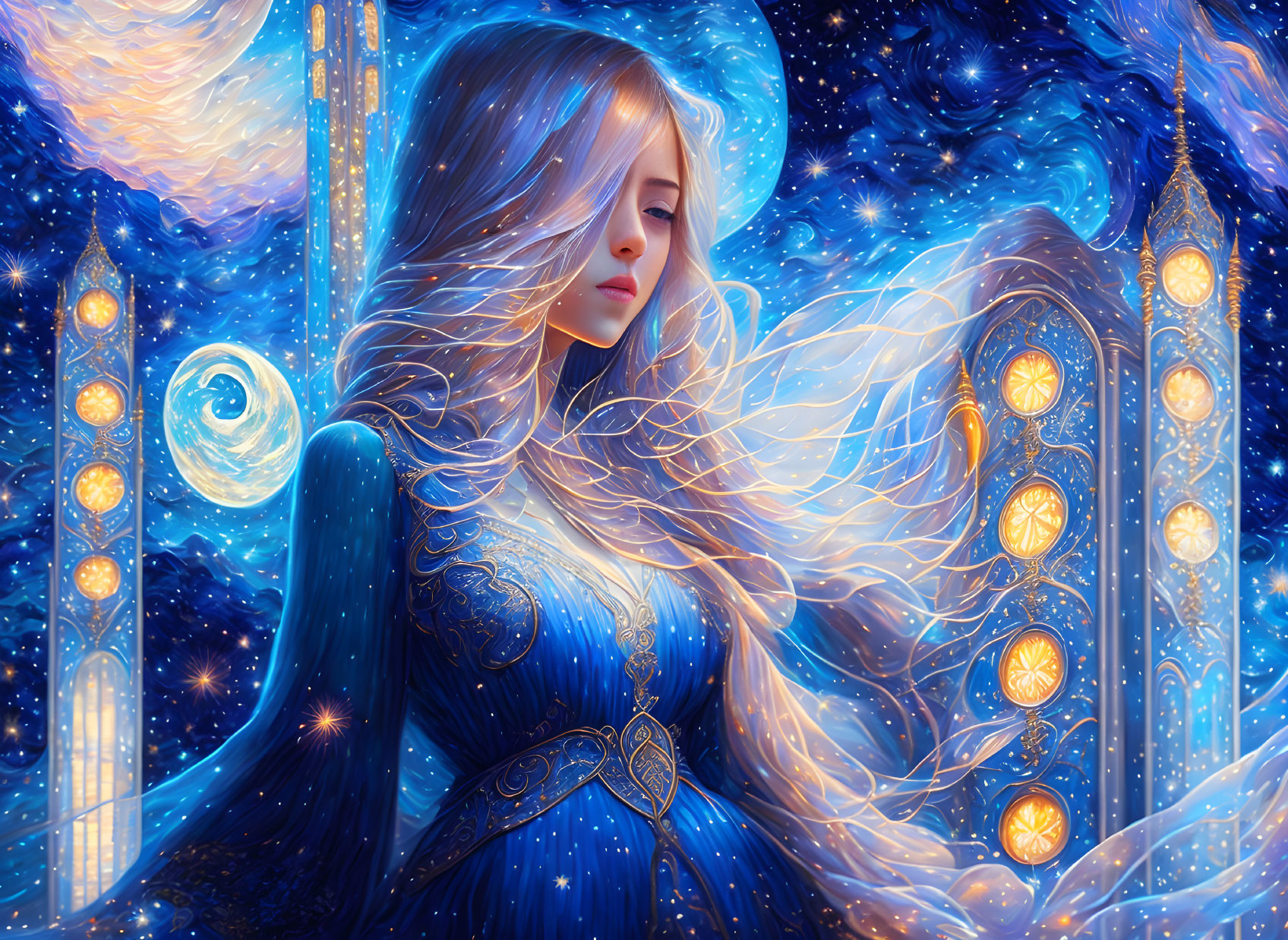Illustration of woman with flowing hair in celestial background