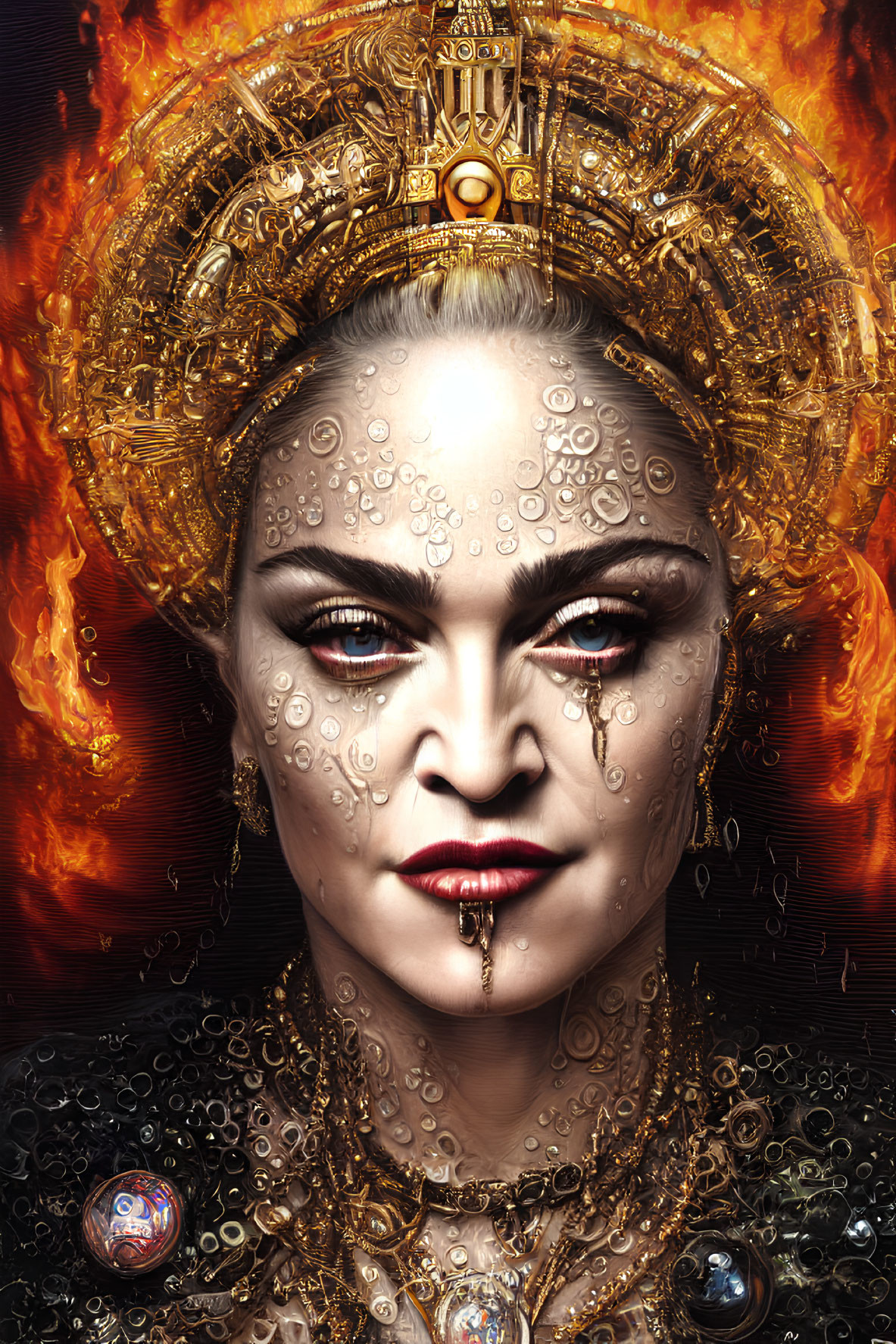 Elaborate golden headgear and jeweled makeup on woman with intense gaze against fiery backdrop