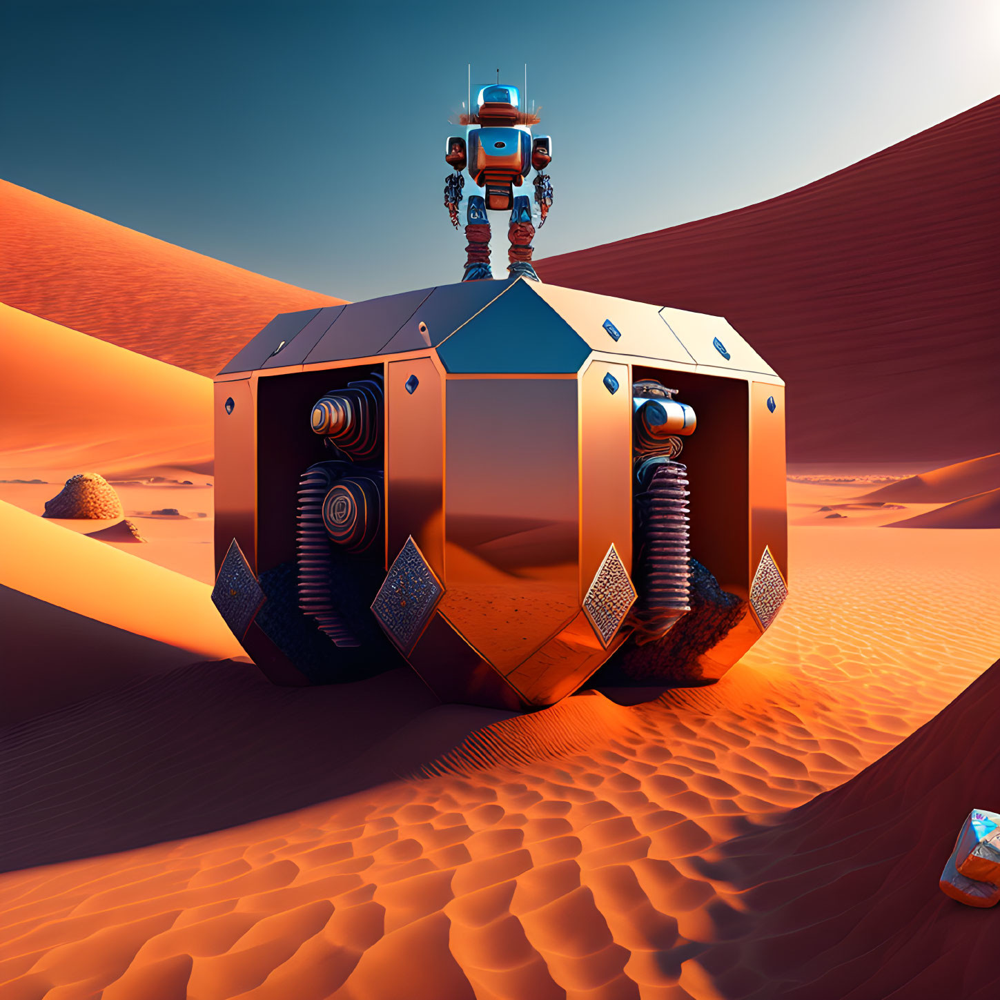 Robot on hexagonal structure in desert with sand dunes and blue sky