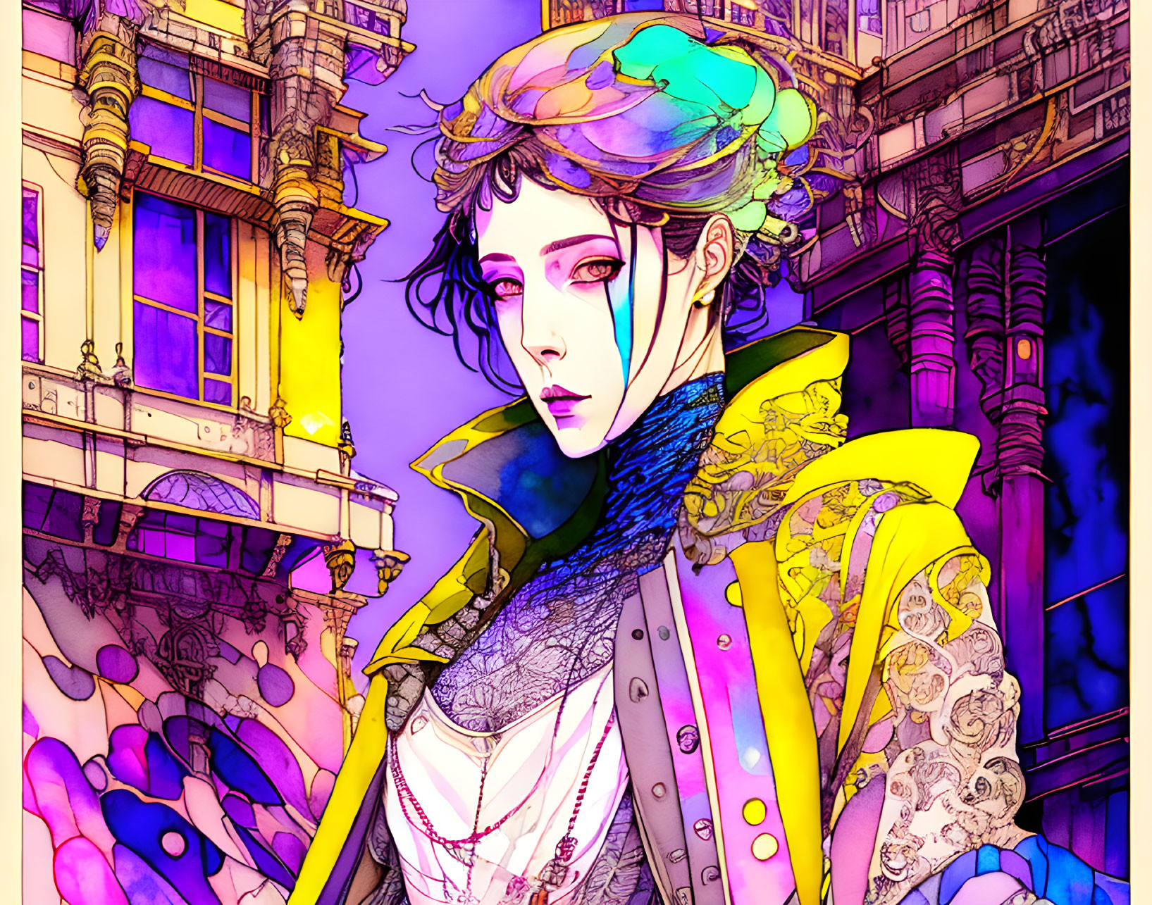 Vibrant illustration of stylish woman in yellow jacket against purple architecture