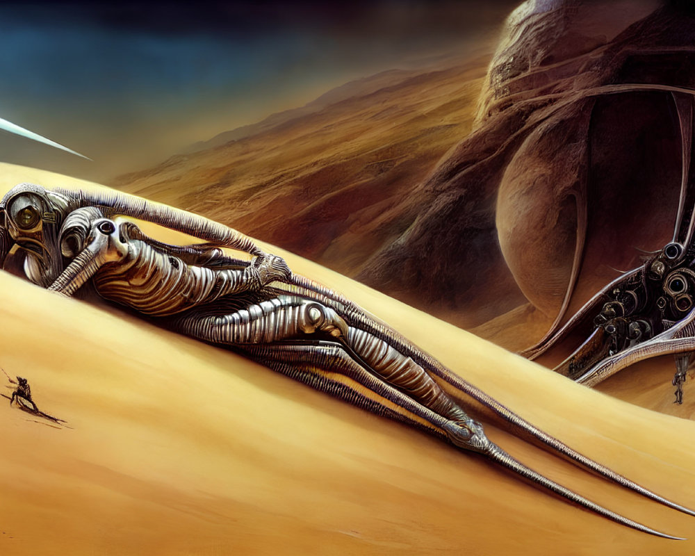 Surreal sci-fi desert landscape with biomechanical alien structures and comet