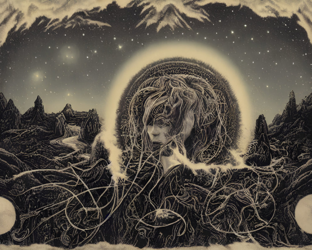 Monochromatic fantastical landscape with mountains and cosmic backdrop