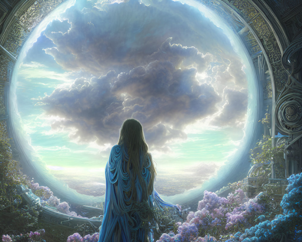 Person in Blue Cloak Standing at Ornate Archway Under Vast Sky