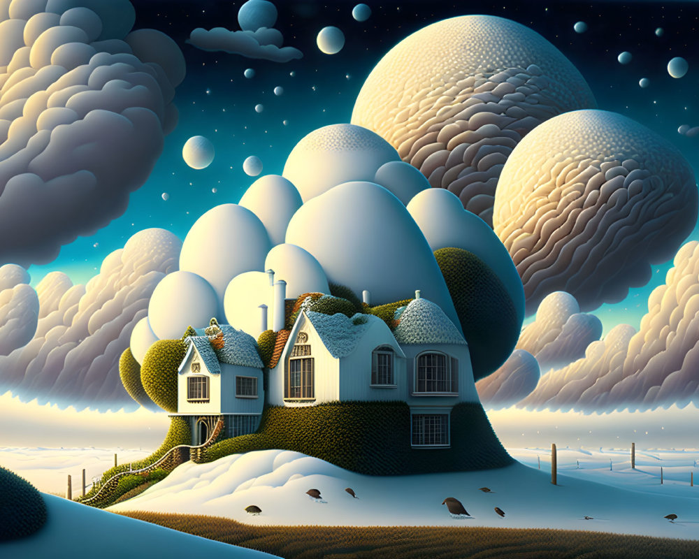 Fantastical landscape with cloud-covered hills, cozy house, and starry sky.