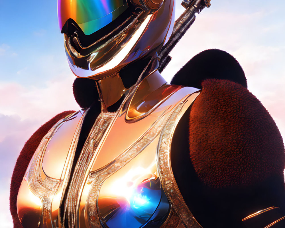 Futuristic gold-armored figure with rainbow visor helmet and high-tech rifle against cloudy sky