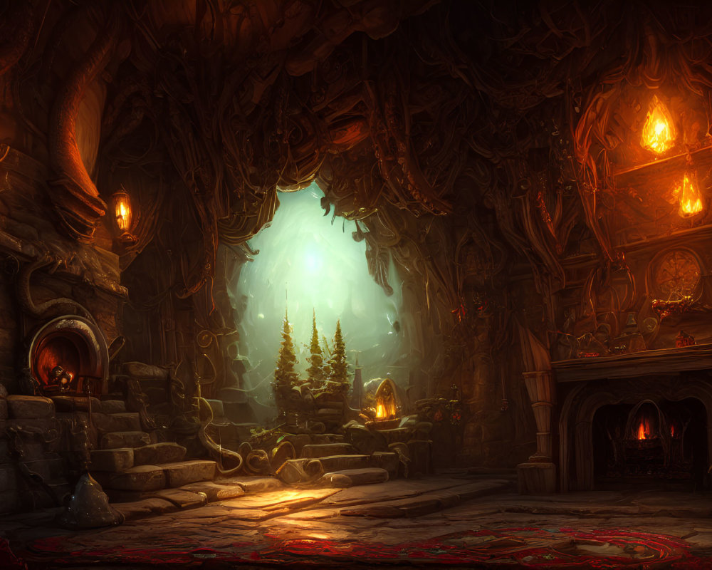 Fantasy tavern interior with glowing fireplaces and wood carvings