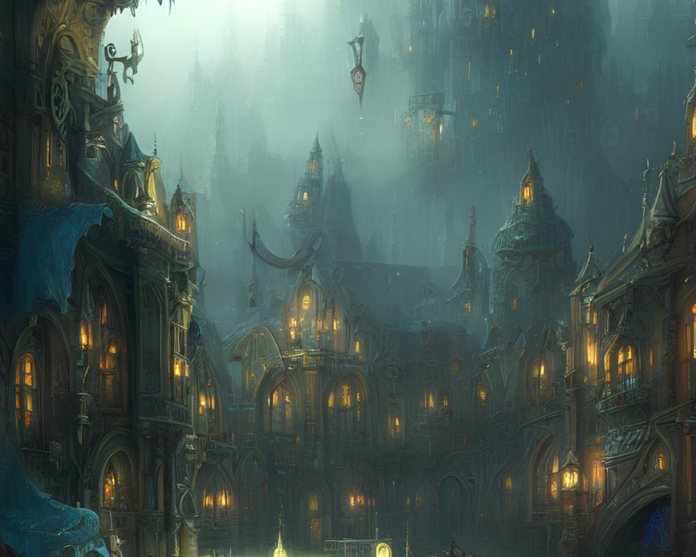 Mystical Gothic cityscape at dusk with lanterns