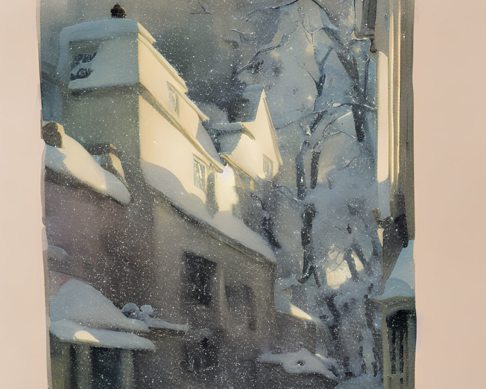 Snow-covered house with glowing window in twilight snowscape