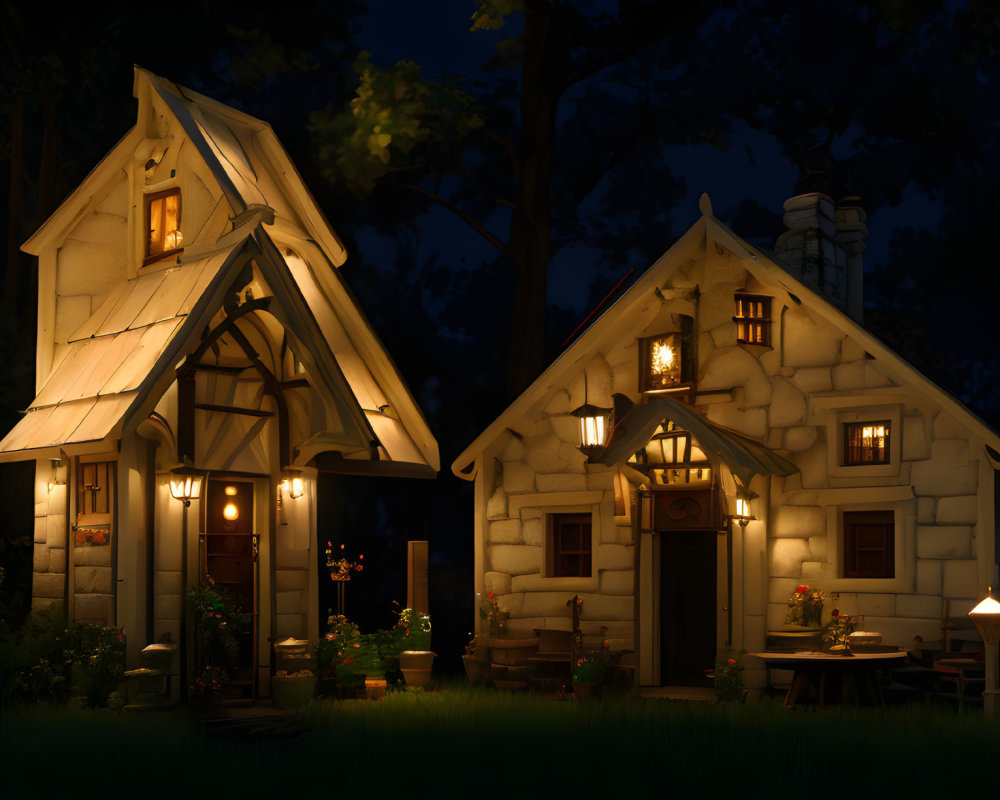 Cozy illuminated cottages in dark woods at night