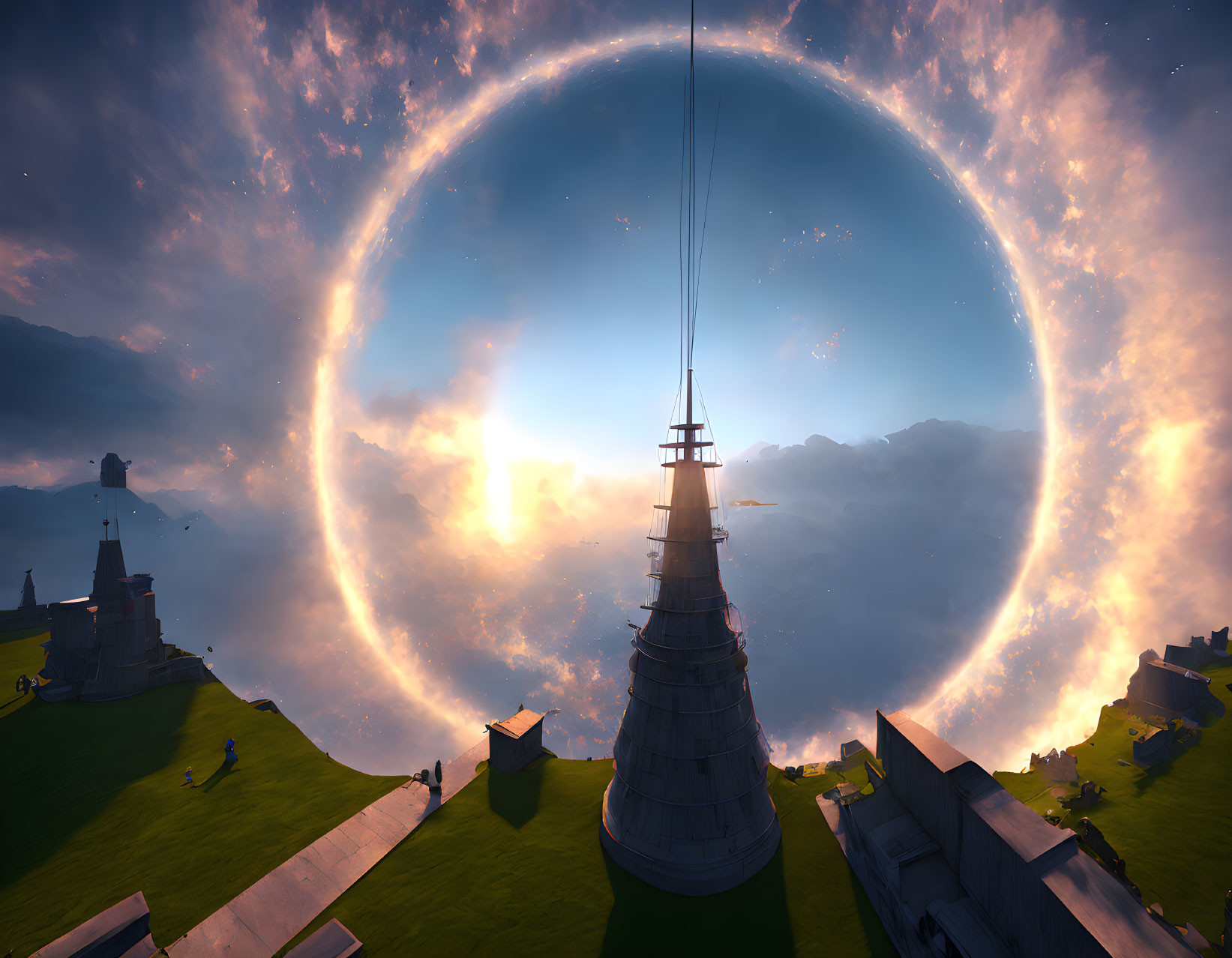 Fantastical landscape with towering spire, glowing ring, and alien planet at sunset