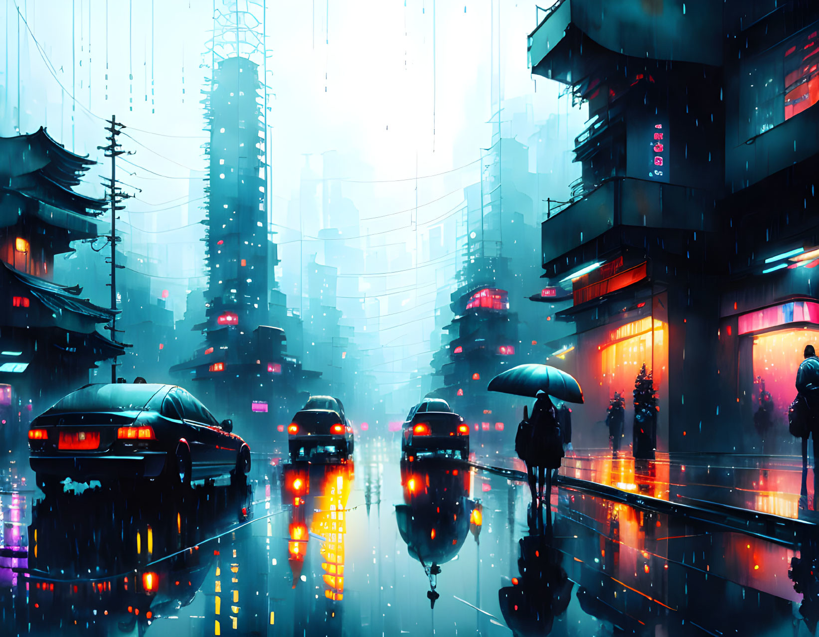 Futuristic city street in rain with neon lights, traditional architecture, puddles, cars, and