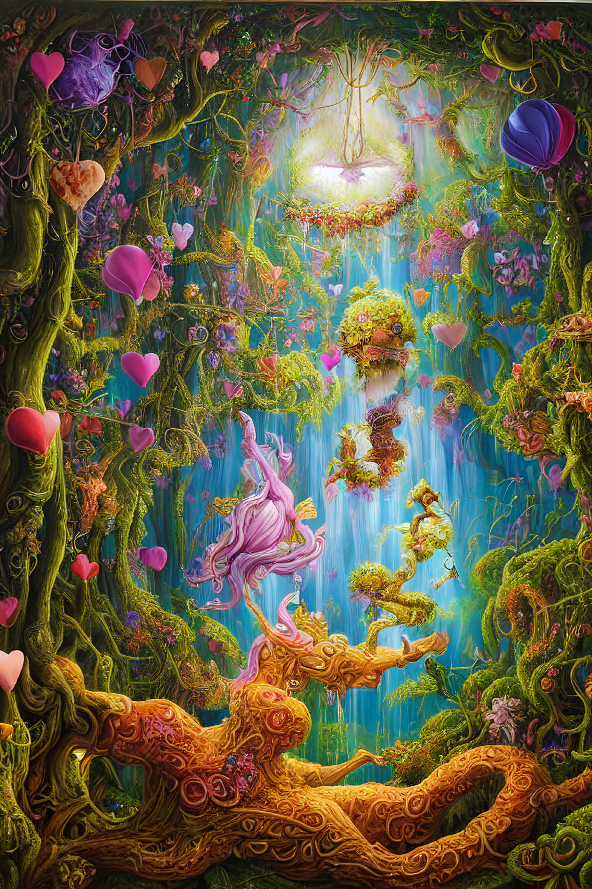 Colorful whimsical forest with heart-shaped balloons and intricate details