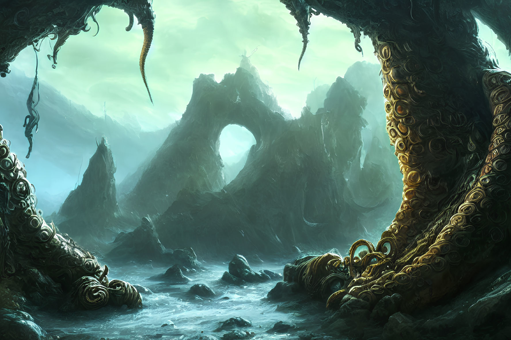 Mystical landscape with rocky formations, ocean, and tentacle-like structures