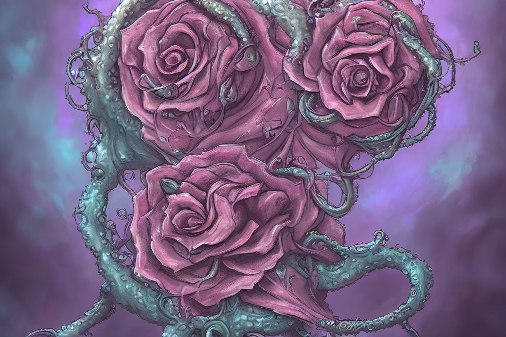 Vivid Pink Roses and Blue Tentacles on Swirling Purple Background