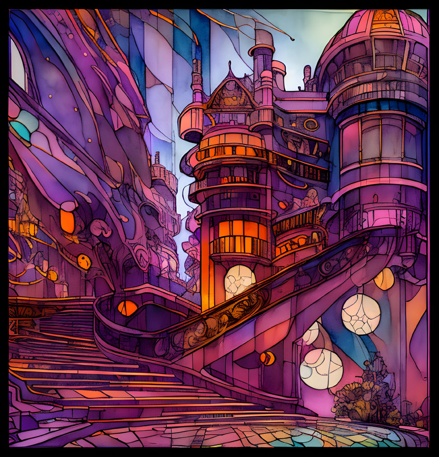 Fantastical building illustration with swirling stairs and stained glass