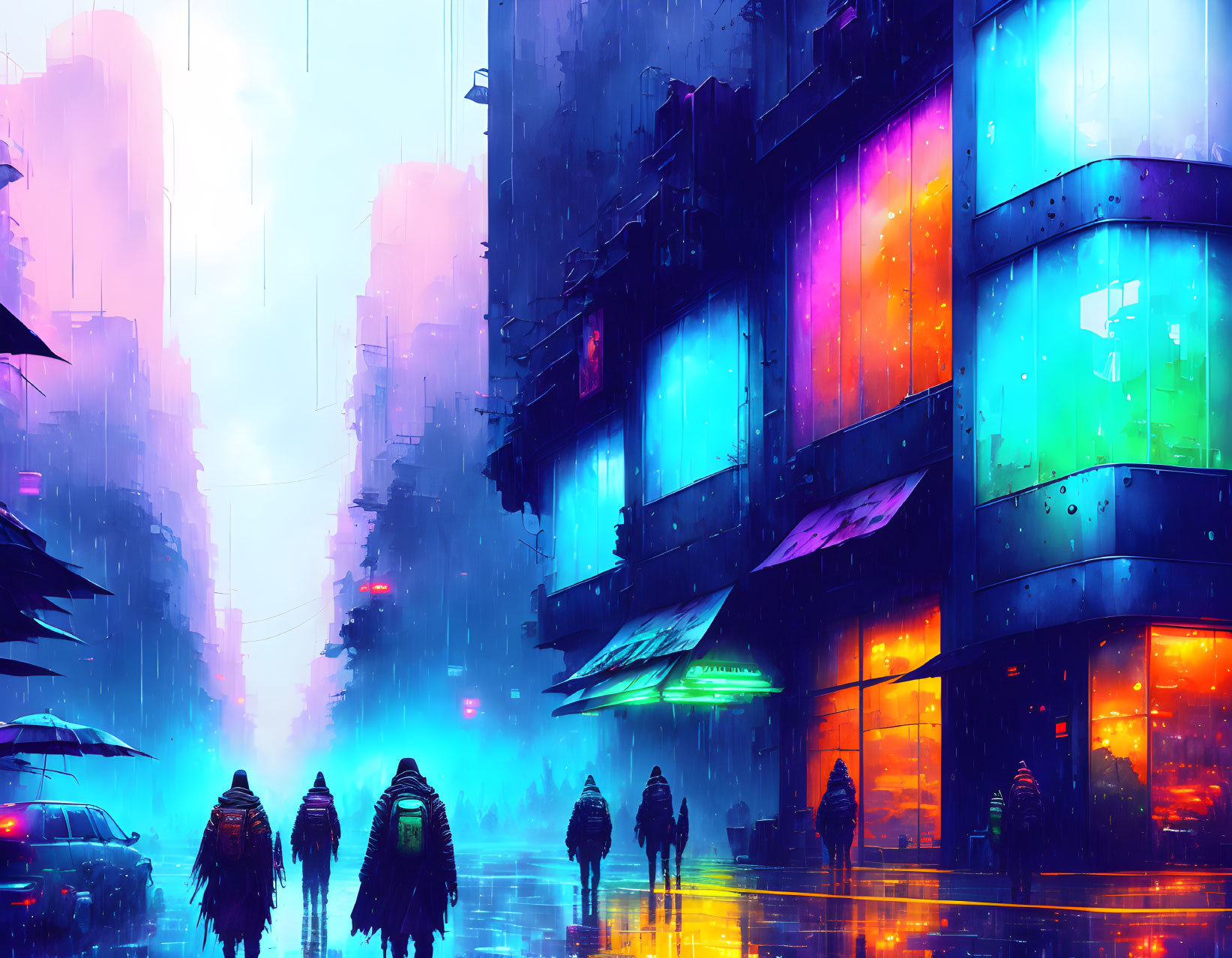 Neon-lit futuristic cityscape under rainy sky