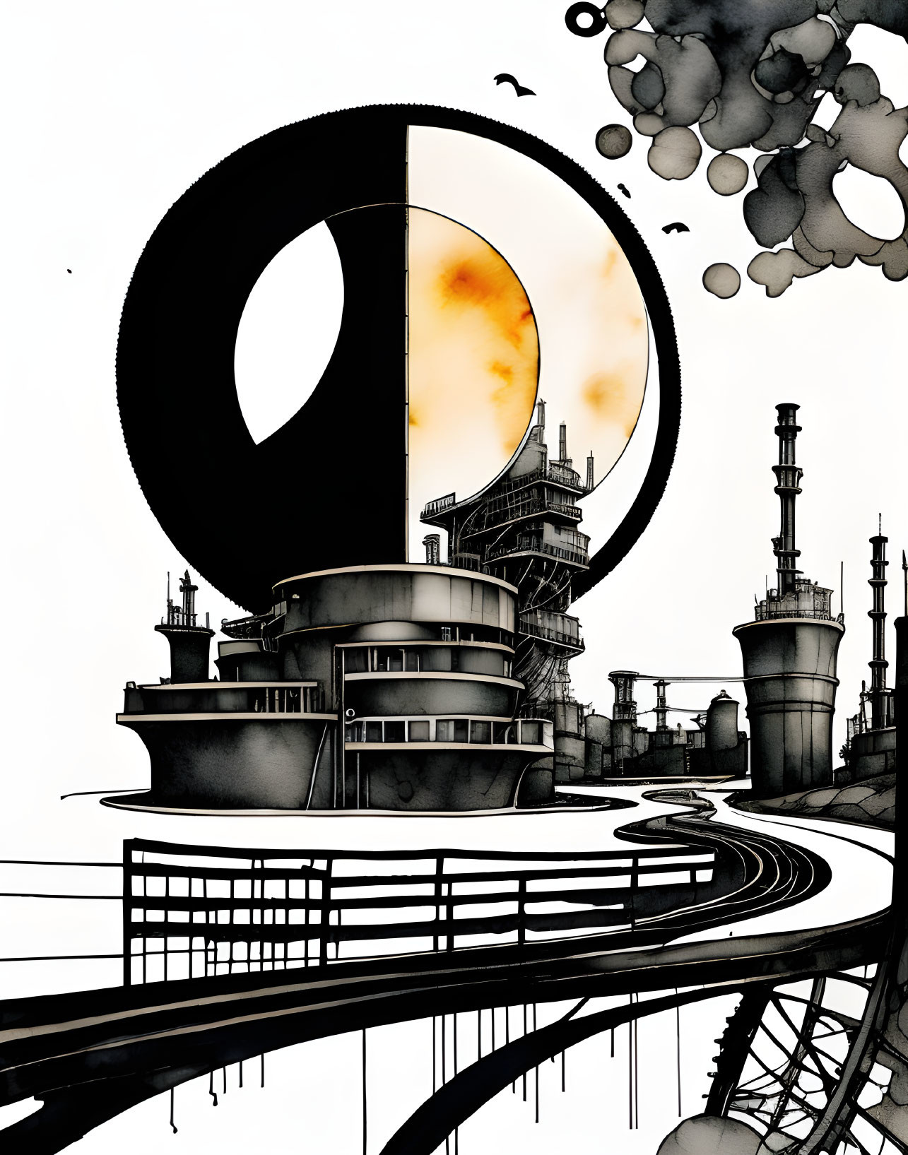 Monochrome industrial landscape with circular structure and towers under orange sky