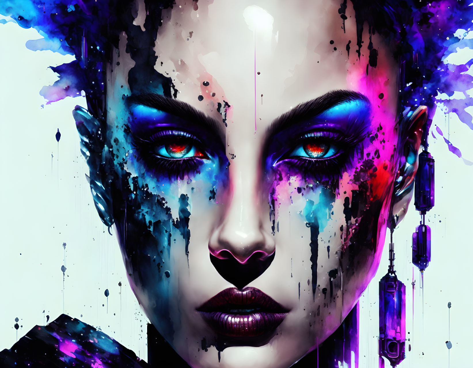 Vibrant digital artwork of a woman with colorful splashes and glowing red eyes