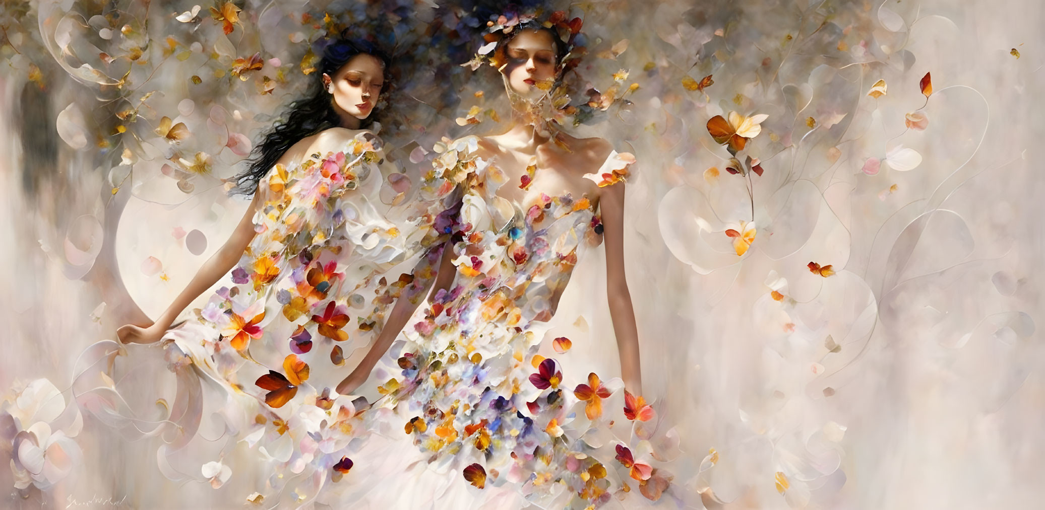 Two women in floral dresses surrounded by butterflies and flowers in soft-focused setting.
