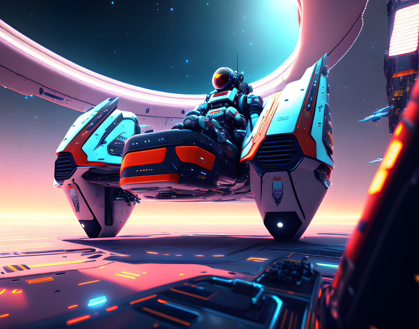 Futuristic astronaut on motorcycle at spaceport with vibrant sunset and ringed planet