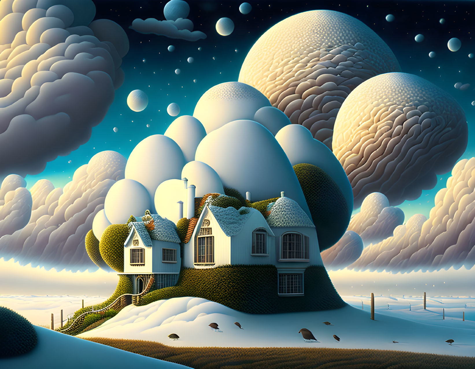 Fantastical landscape with cloud-covered hills, cozy house, and starry sky.