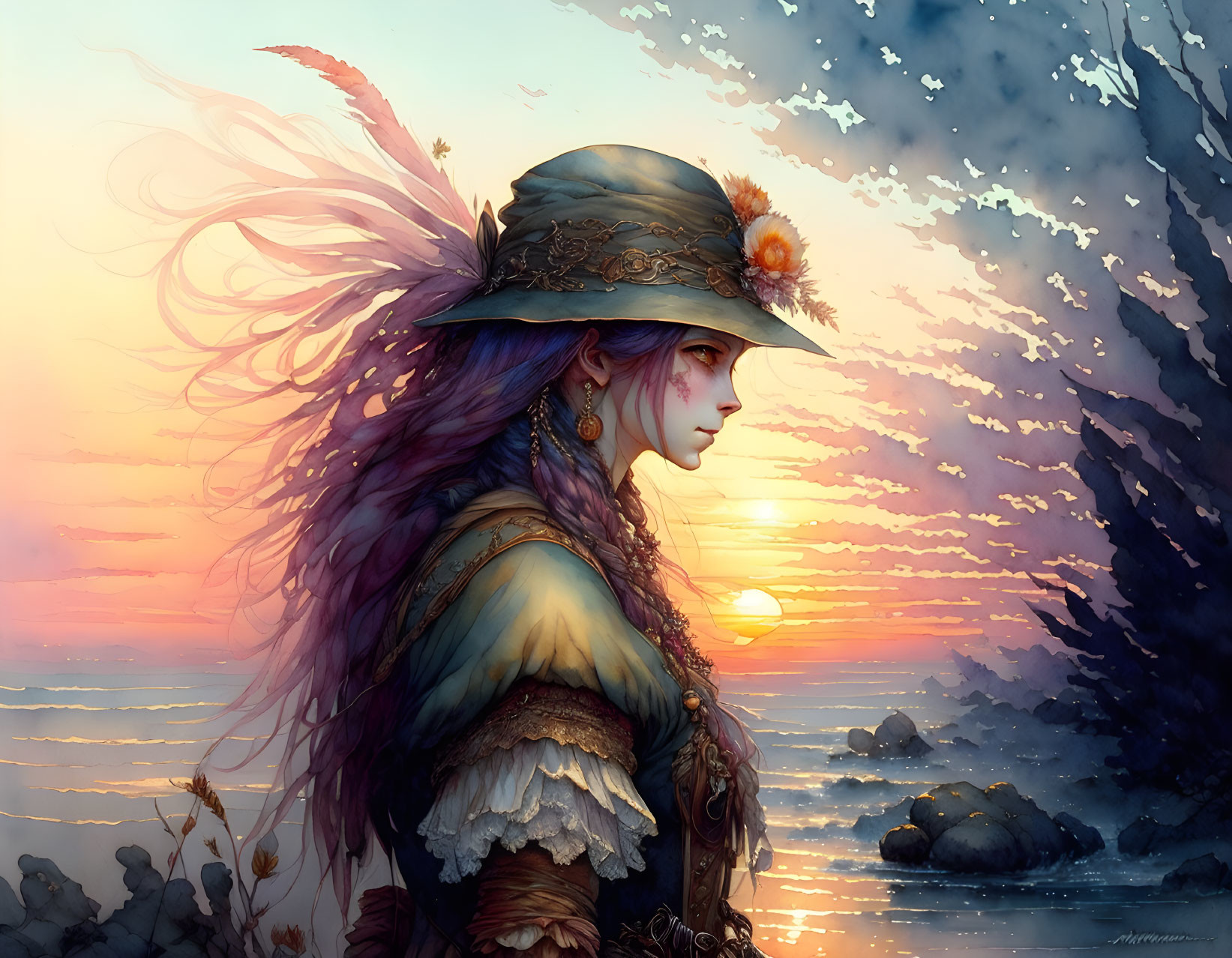 Female character with purple hair and hat at beach sunset - ethereal theme