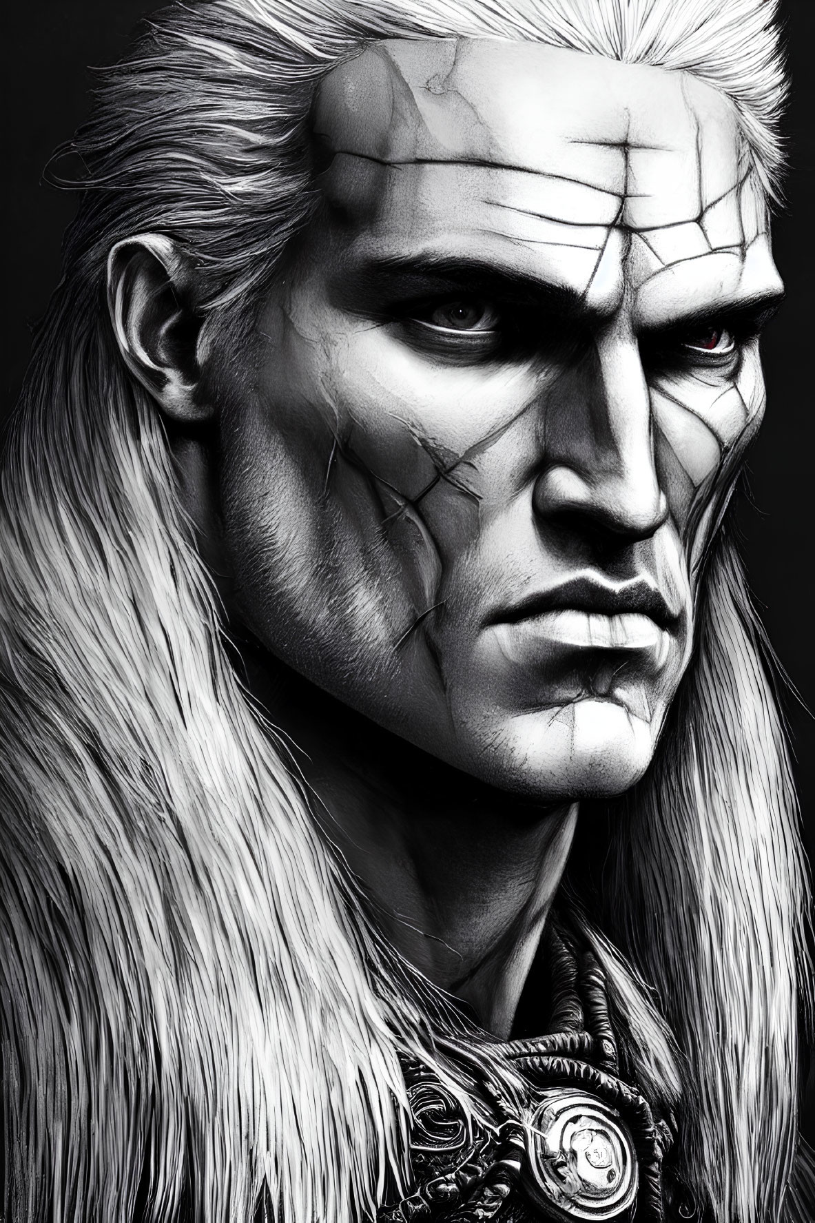 Monochrome fantasy artwork of stern male figure with white hair and facial scars