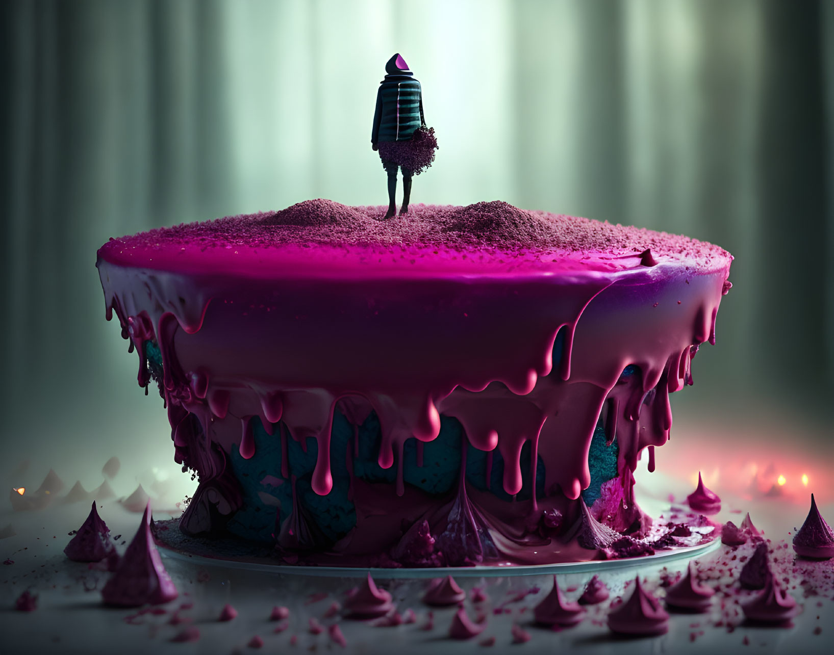 Tiny person on oversized dripping cake in desaturated room