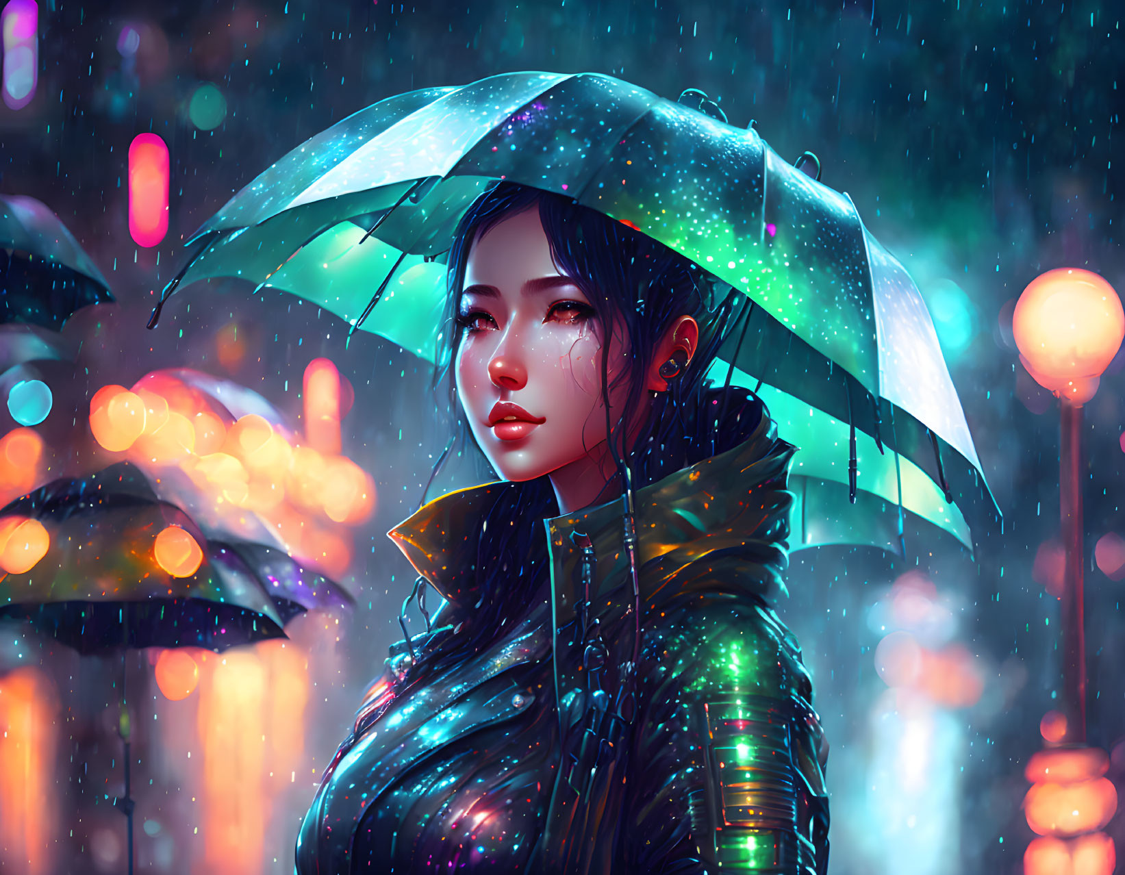 Digital artwork: Woman with umbrella in cyberpunk setting