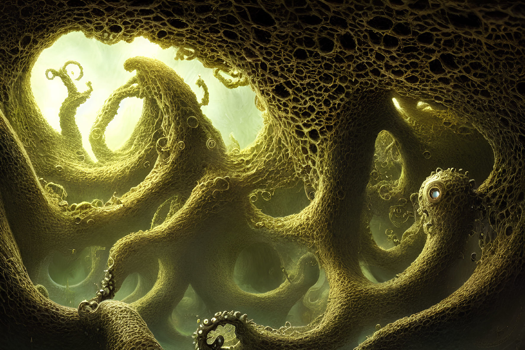 Abstract surreal image: Tentacle-like shapes in green and yellow cave