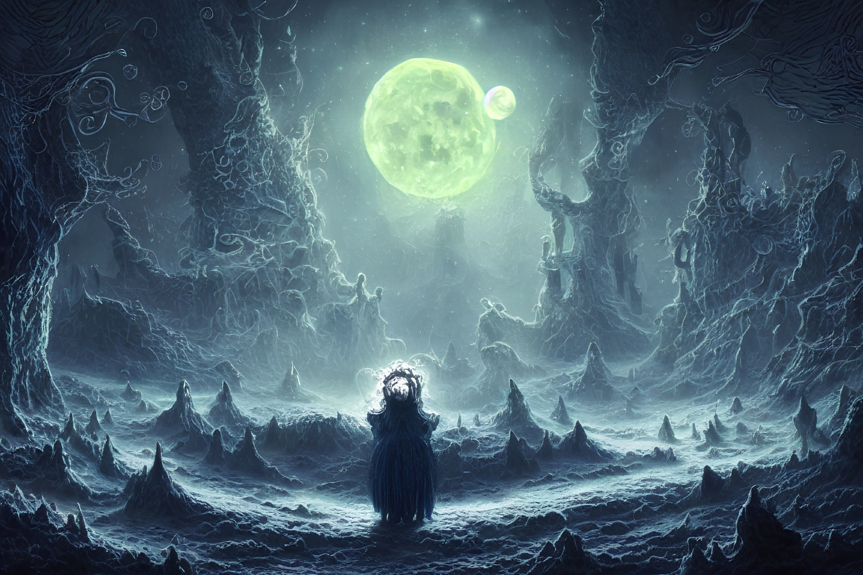 Mysterious figure in eerie moonlit landscape