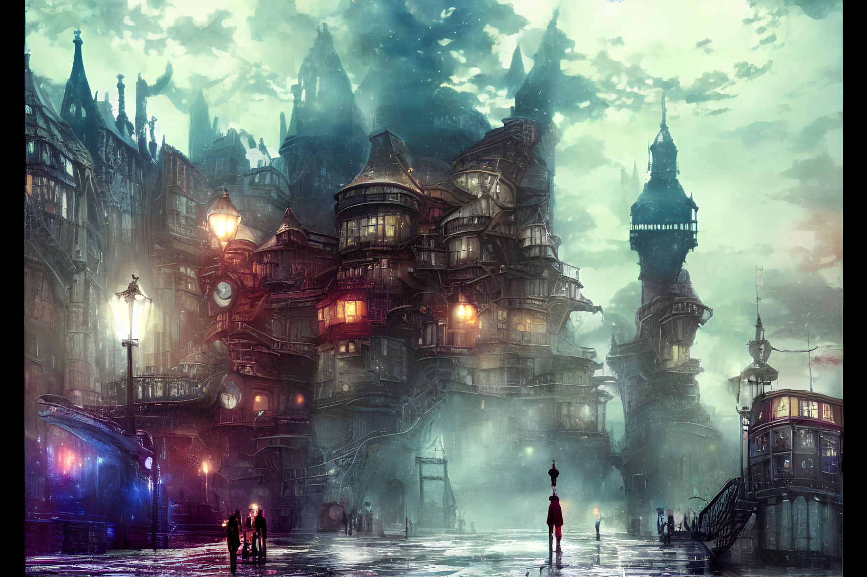 Gothic cityscape at twilight with misty ambiance and silhouetted figures