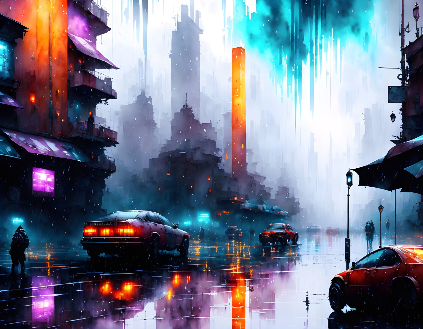 Neon-lit Cyberpunk Cityscape with Rain and Skyscrapers