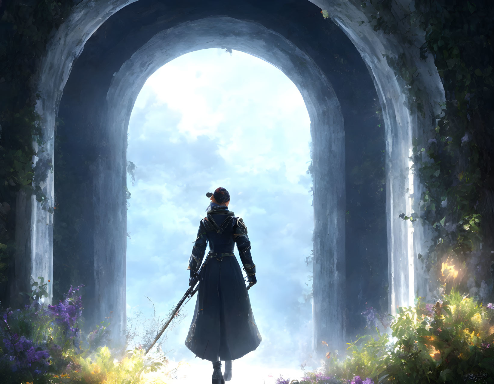 Person in Long Coat with Sword Standing in Arched Doorway Overlooking Ethereal Forest