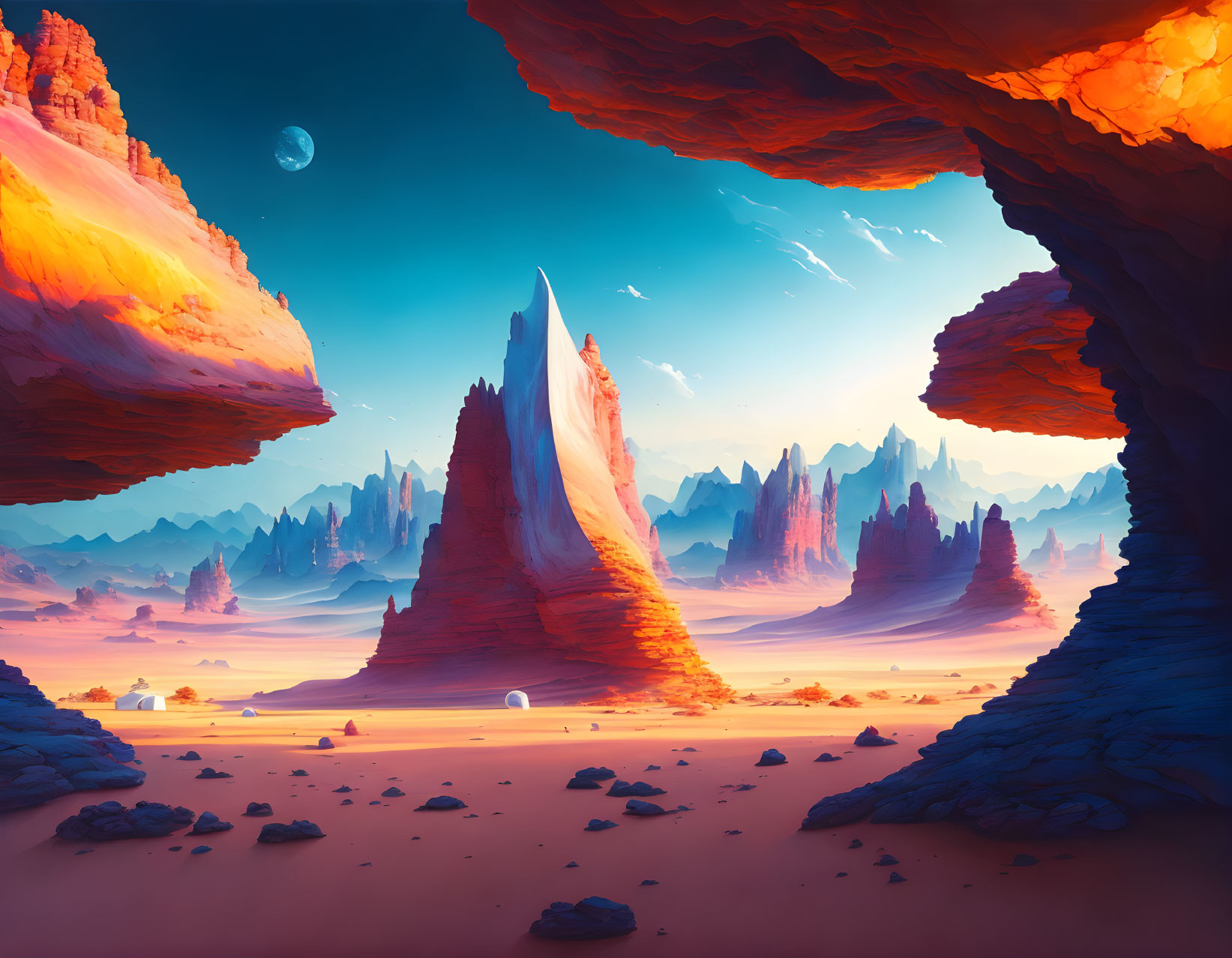 Colorful alien landscape with towering rocks, orange and blue sky, and distant moon.