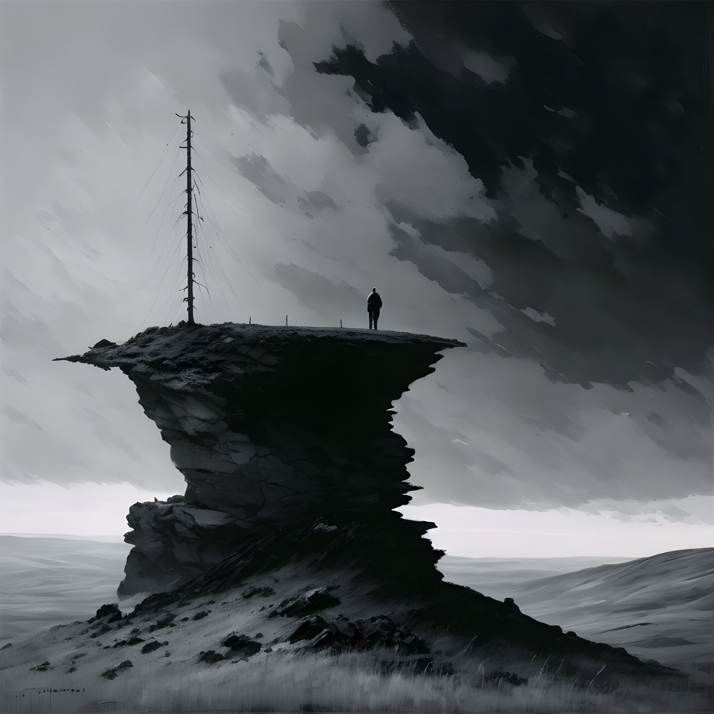 Solitary figure on cliff with radio tower in desolate landscape