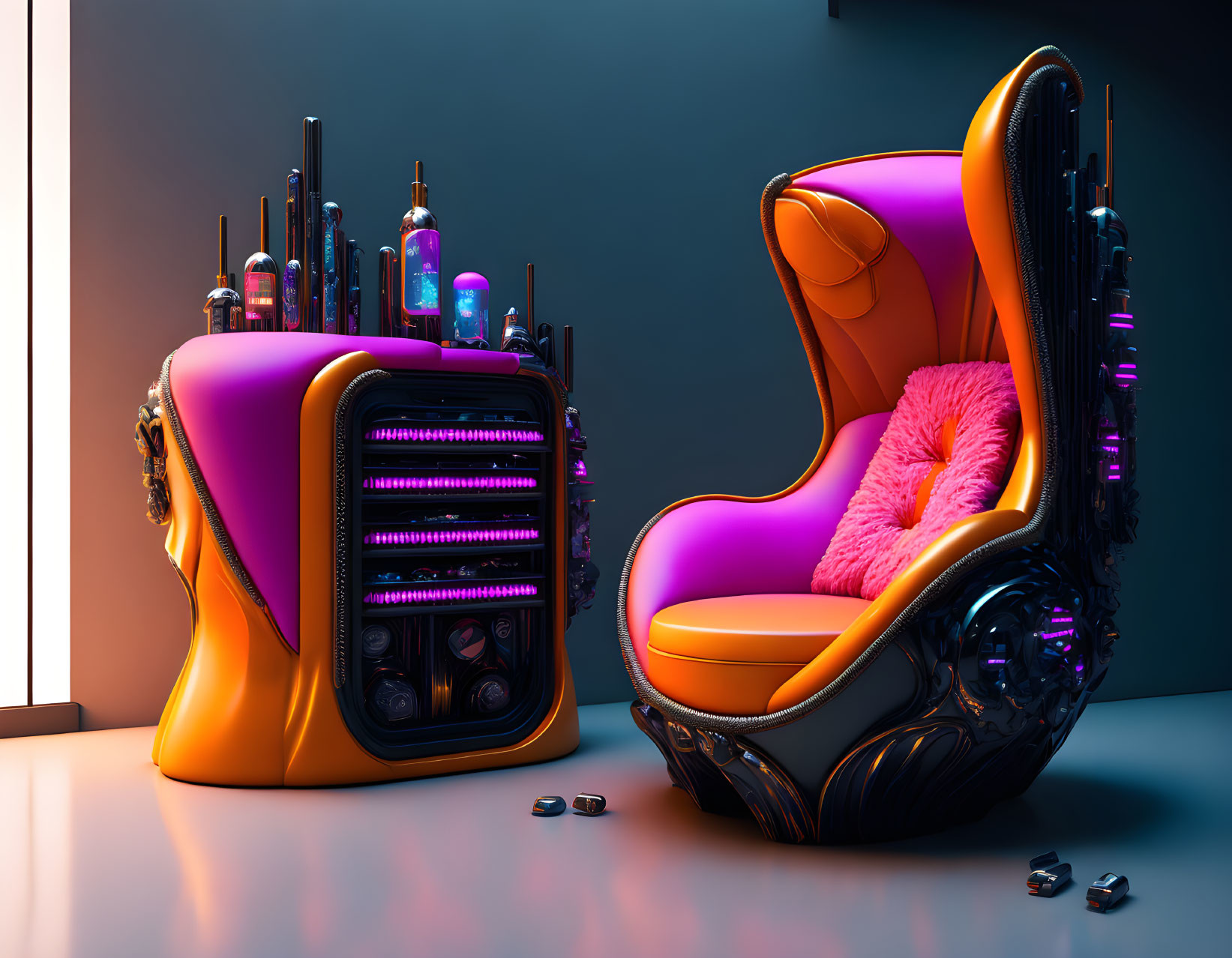 Modern orange and black armchair with neon-lit side table on teal background