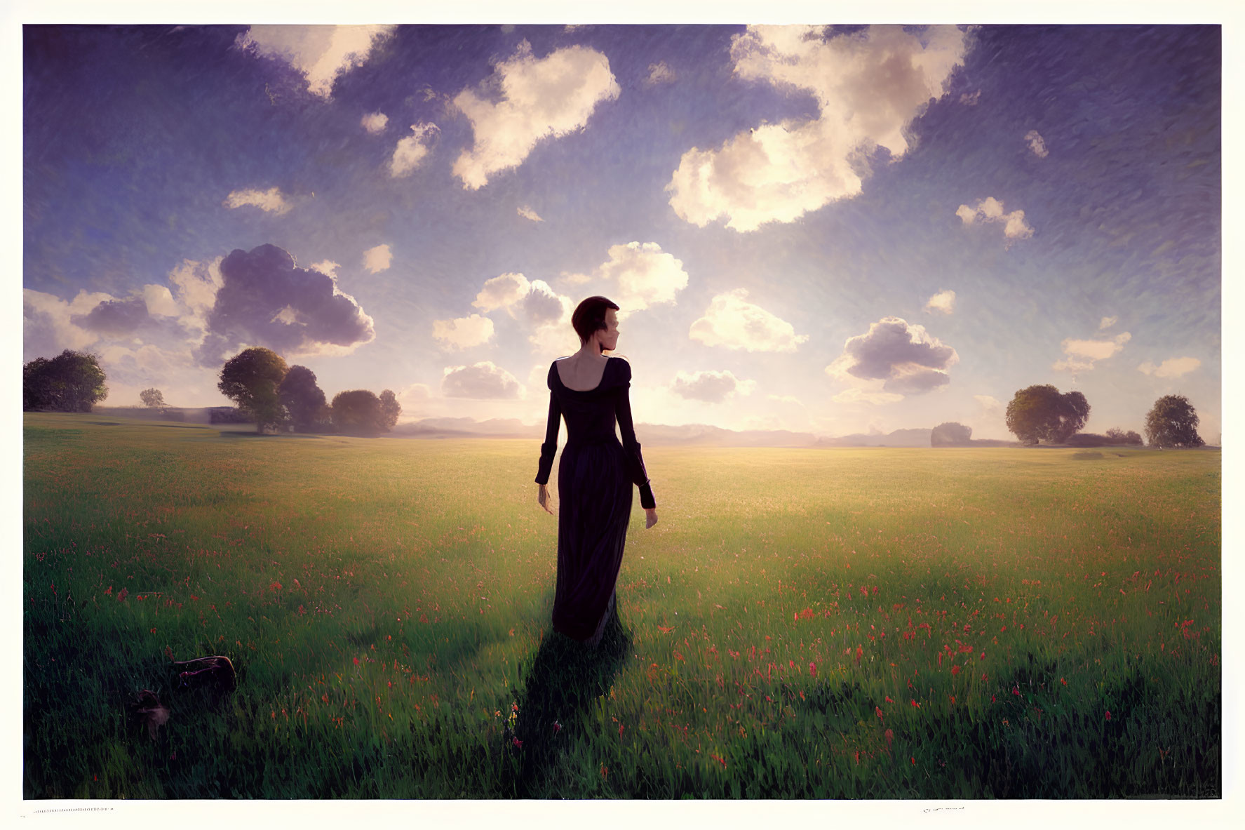 Woman in Long Black Dress Standing in Lush Green Field at Sunset/Sunrise