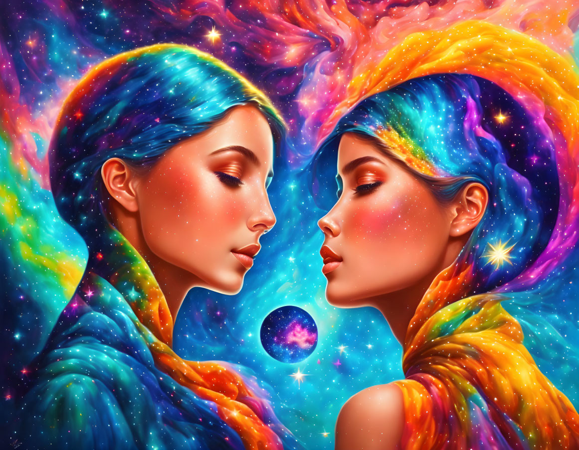 Cosmic-themed hair women in cloaks against starry background