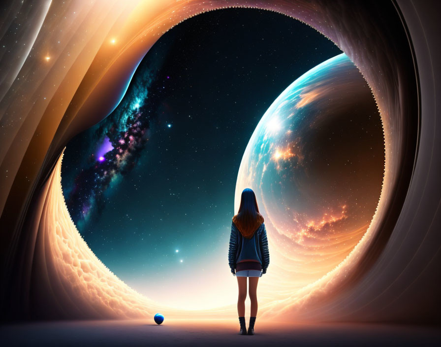 Person at surreal cosmic tunnel with planet, stars, and floating orb