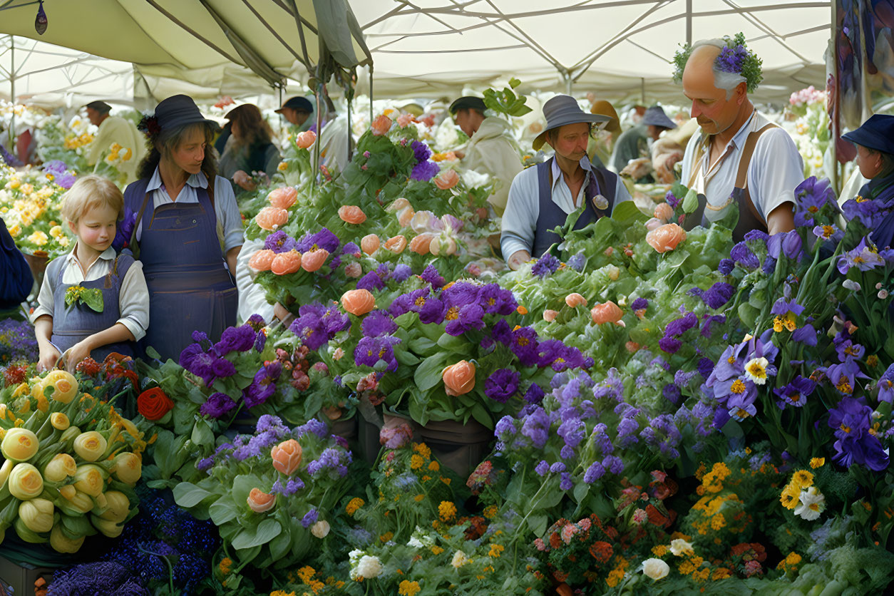 Vibrant flower market with vendors and customers.