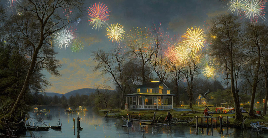 Twilight lakeside scene with gazebo, boats, and vibrant fireworks display