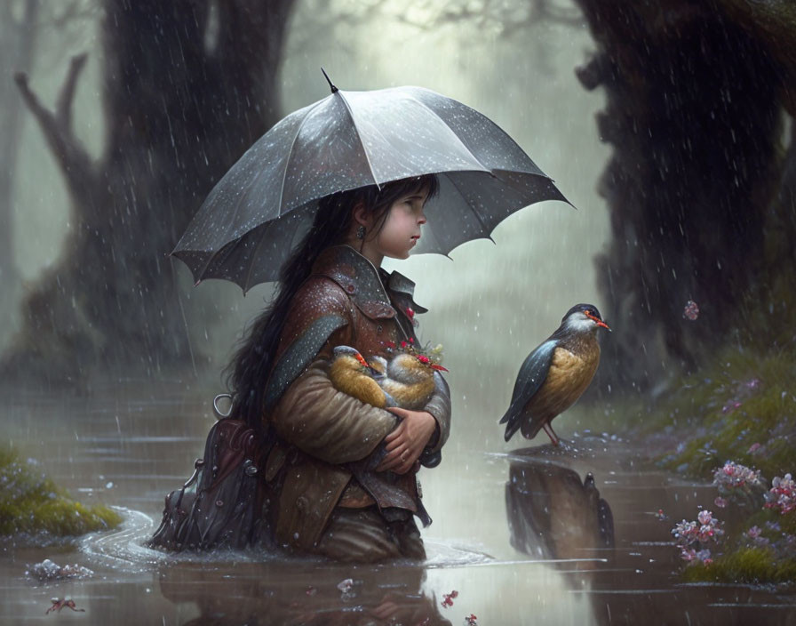 Young girl shelters sleeping fox with umbrella in rainy mystical forest.