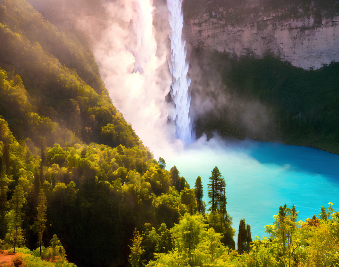 Scenic waterfall flowing into turquoise lake amid lush green forests