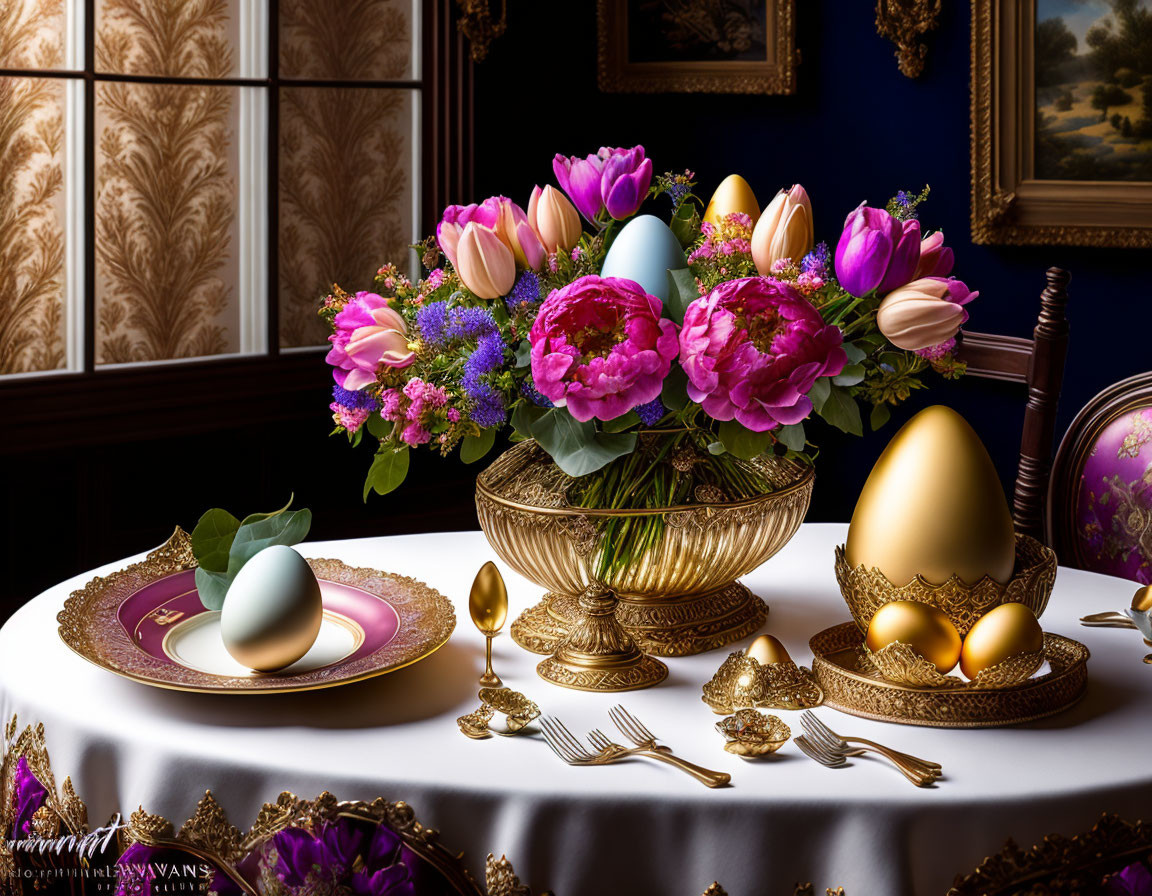 Luxurious Table Setting with Gold Cutlery, Ornate Plates, Flowers, and Decorative Eggs